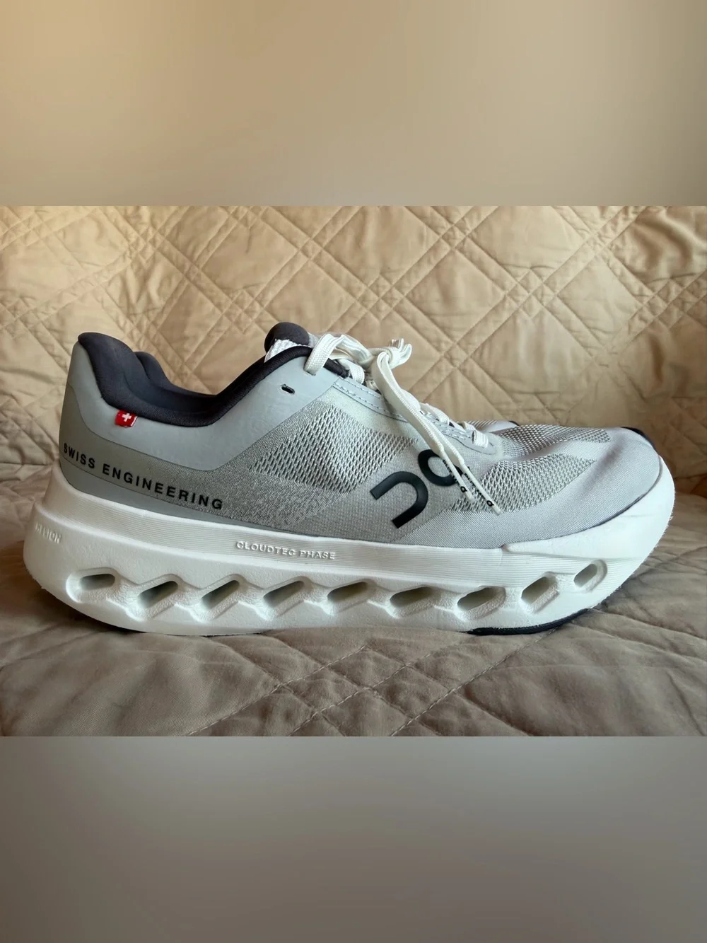 On Running White and Grey Women's Cloudsurfer Next Running Sneakers